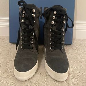 Grey Suede booties, laces w/side zippers